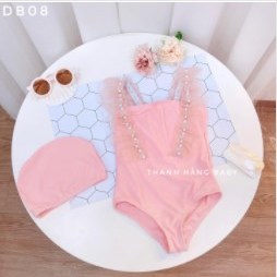 Đồ bơi liền thân màu hồng phấn cho bé gái, kèm mũ bơi cùng màu